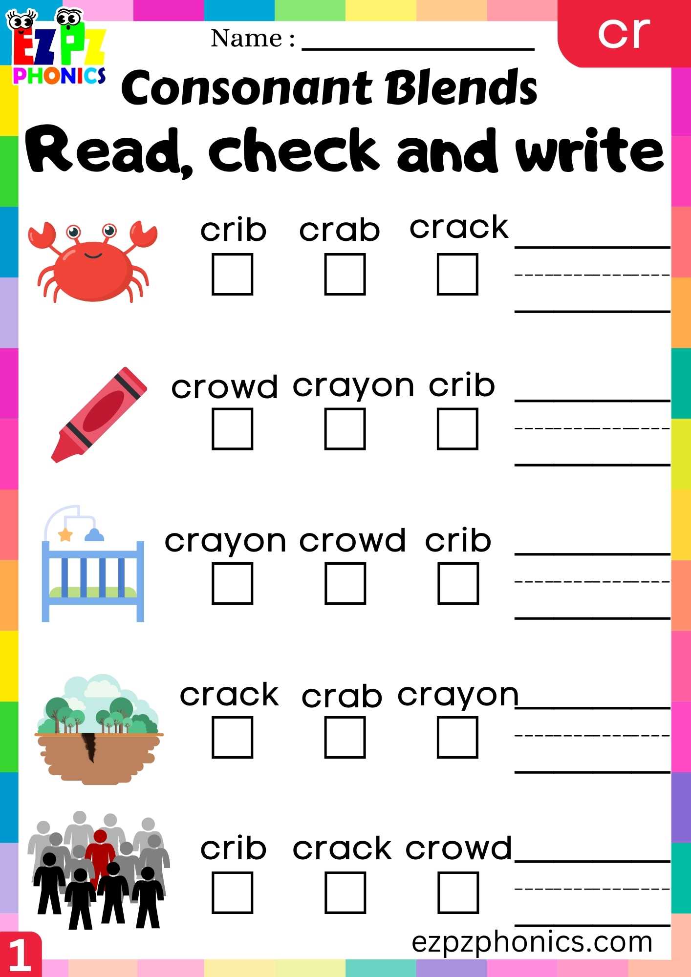 Group1 CR Words Read, Check And Write Phonics Consonant Blends Worksheet